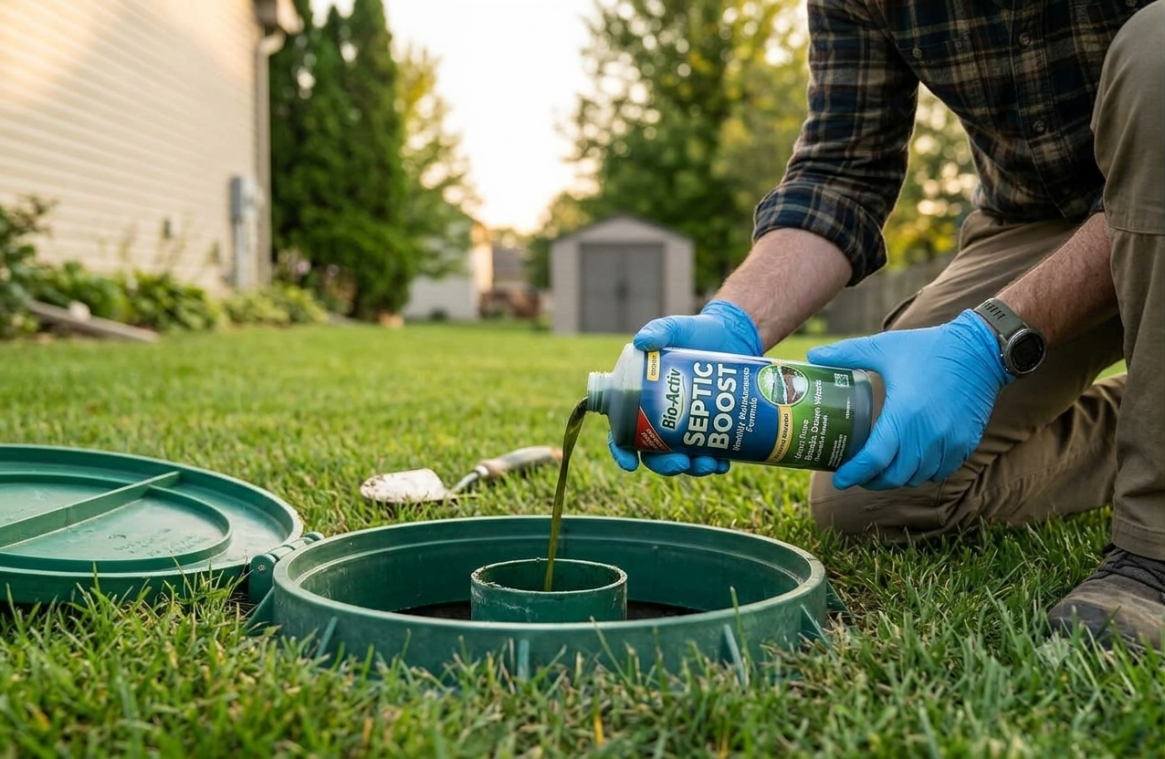 person is adding Septic Tank Additives in the tank